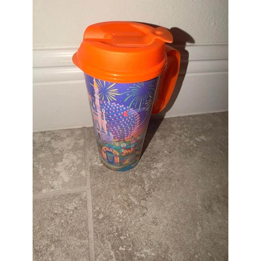 Disney World Travel Mug with Mickey Mouse and Fireworks refill tumbler orange